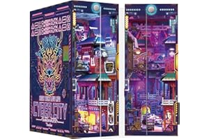 Tonecheer DIY Book Nook Kit for Adults, Wooden 3D Puzzle Bookend Bookshelf Insert Decor, Cyber Punk Booknook Miniature House Kit with Dust Cover and Body Motion Sensor LED (Cyber City)