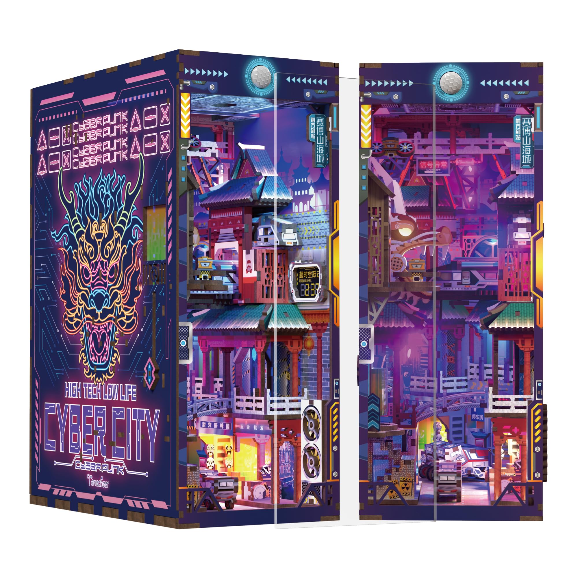 Tonecheer DIY Book Nook Kit, Cyber City 3D Puzzle Wooden Miniature House Kit for Adults, Booknook Set Dollhouse Bookshelf Decor Bookend with Dust Cover and LEDs — image 1