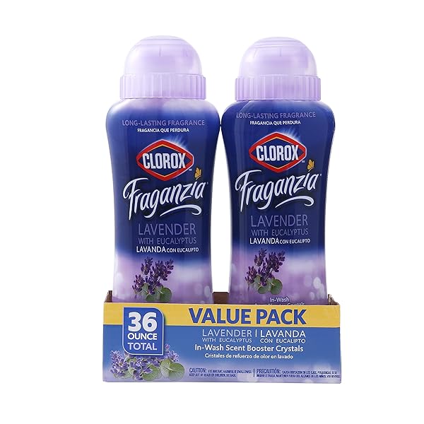 CLOROX FRAGANZIA LAUNDRY SCENT BOOSTER CRYSTALS IN LAVENDER WITH EUCALYPTUS SCENT, TWIN PACK, SCENTED IN-WASH FRESHENER BEADS FOR FRESH, CLEAN, GREAT SMELLING CLOTHES AND LINENS, 18 OZ – 2 PACK