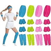 Hillban 4 Set 80s Leg Warmers for Women Men 80s 90s Accessories Neon Headband Wristband Workout Outfit for Carnival Party