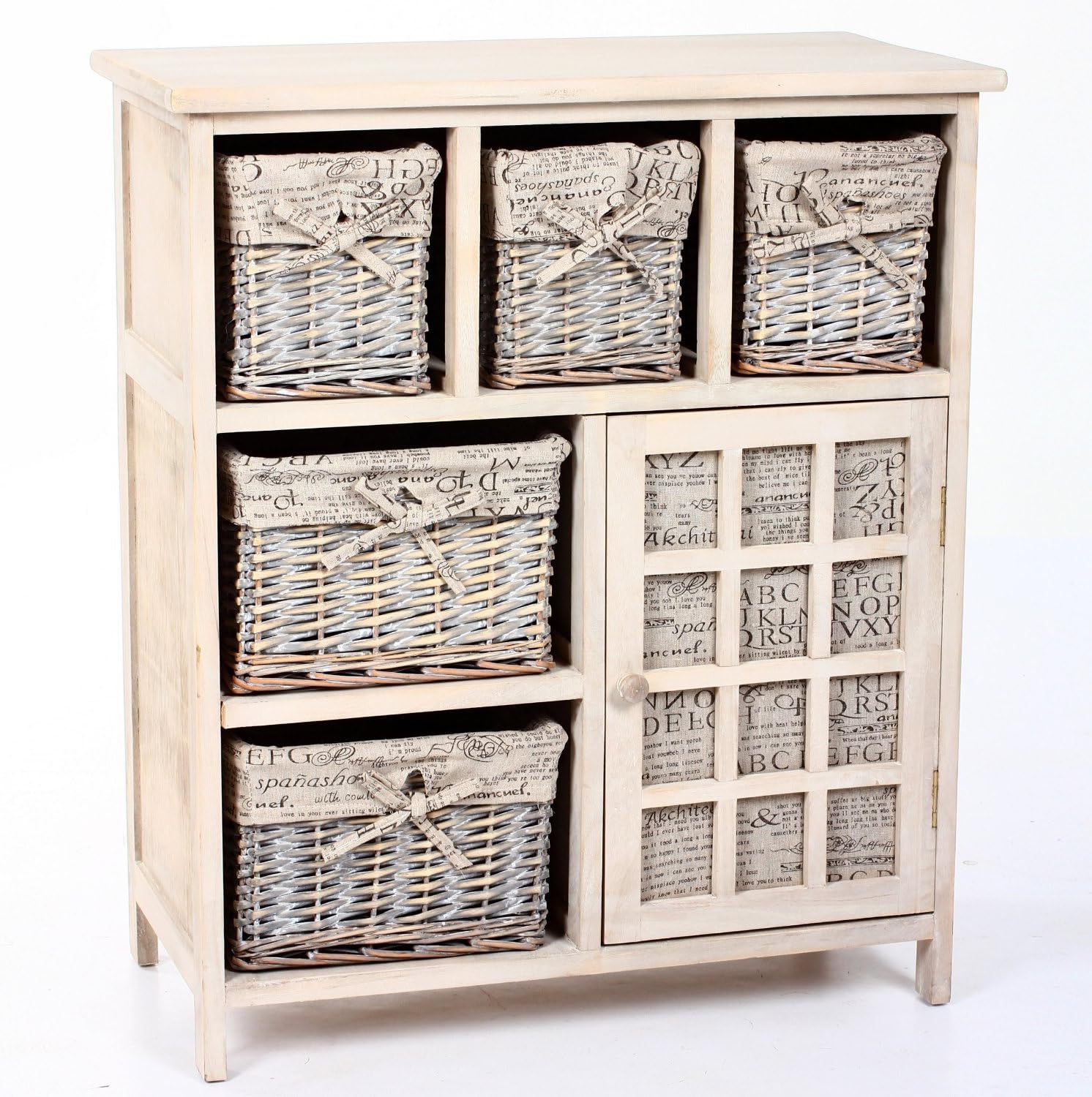 Wooden unit with 5 wicker basket drawers with removable lining