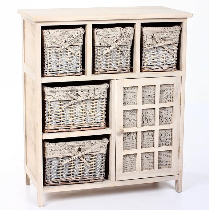 Wooden unit with 5 wicker basket drawers with removable lining