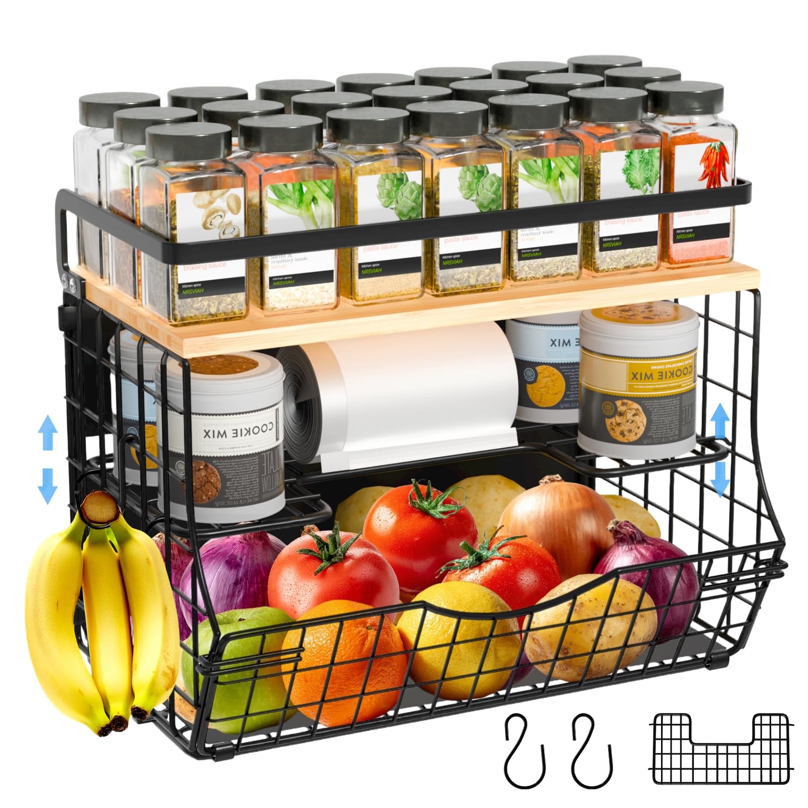Photo 1 of 3-Tier Magnetic Shelf for Fridge with Divider & Bamboo Top, Fruit Basket Potato and Onion Storage Bins, Kitchen Large Container Magnetic Spice Rack for Refrigerator, Kitchen Counter, Fridge Organizer