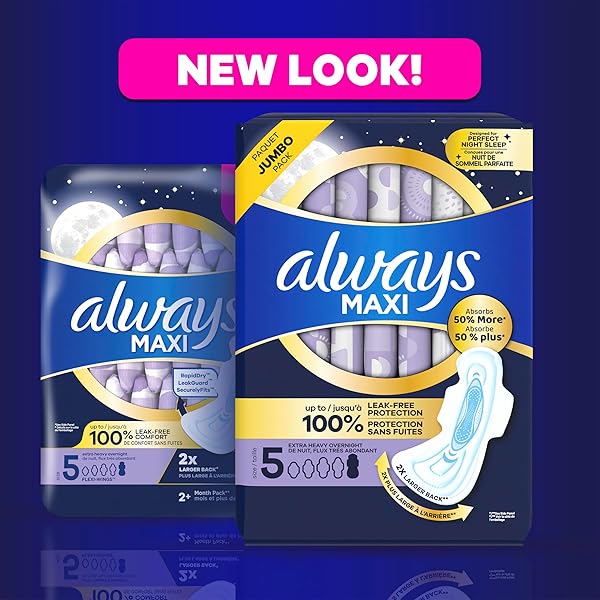 ALWAYS MAXI OVERNIGHT PADS WITH WINGS, SIZE 5, EXTRA HEAVY OVERNIGHT, UNSCENTED, 72 COUNT
