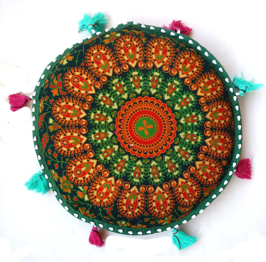 Rastogi Handicrafts Bohemian Ombre Yoga Decor Cushion Cover Round Meditation Pillow - Indian Pouf Organic Cotton - Hand Block Printed (Green)