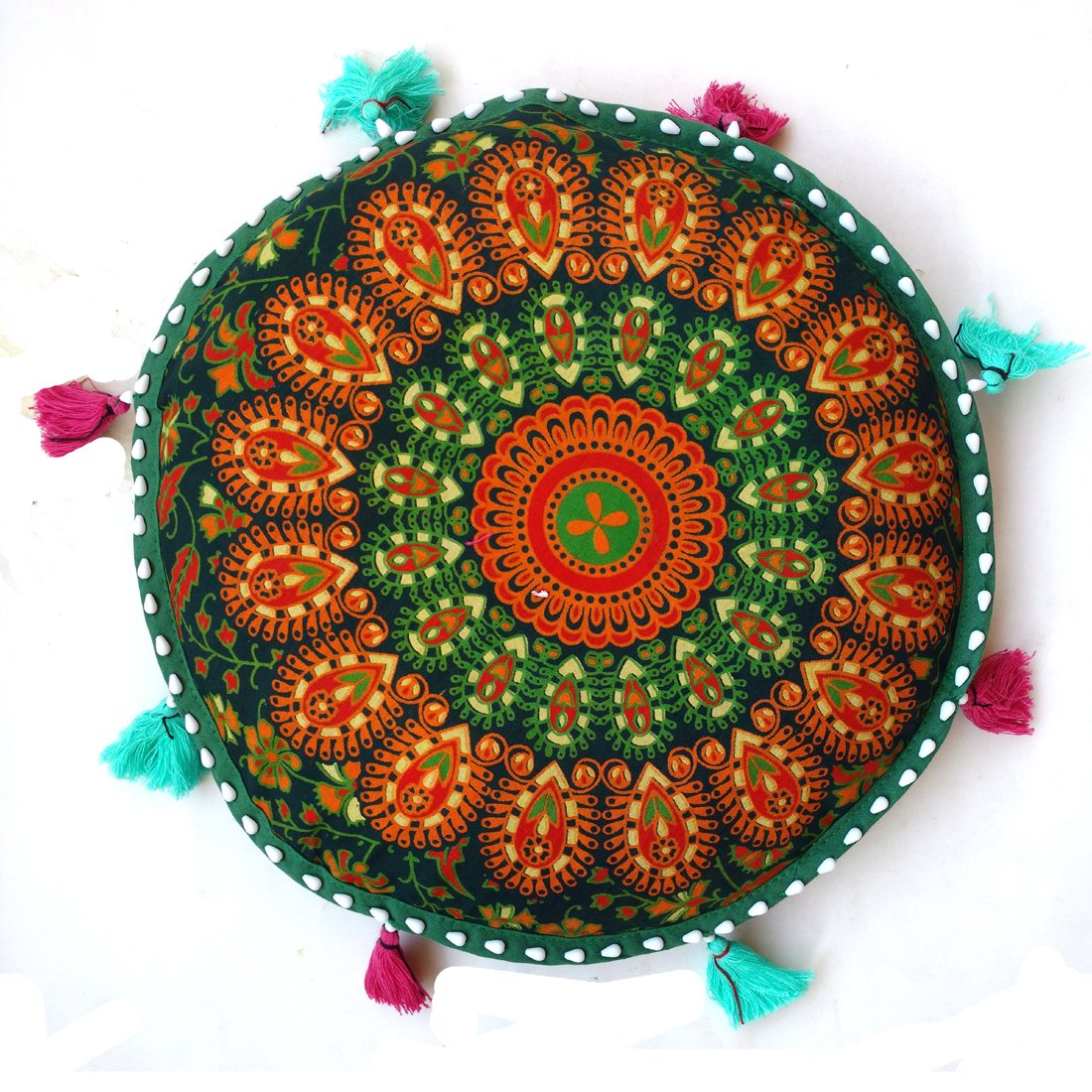 Rastogi Handicrafts Bohemian Ombre Yoga Decor Cushion Cover Round Meditation Pillow - Indian Pouf Organic Cotton - Hand Block Printed (Green)