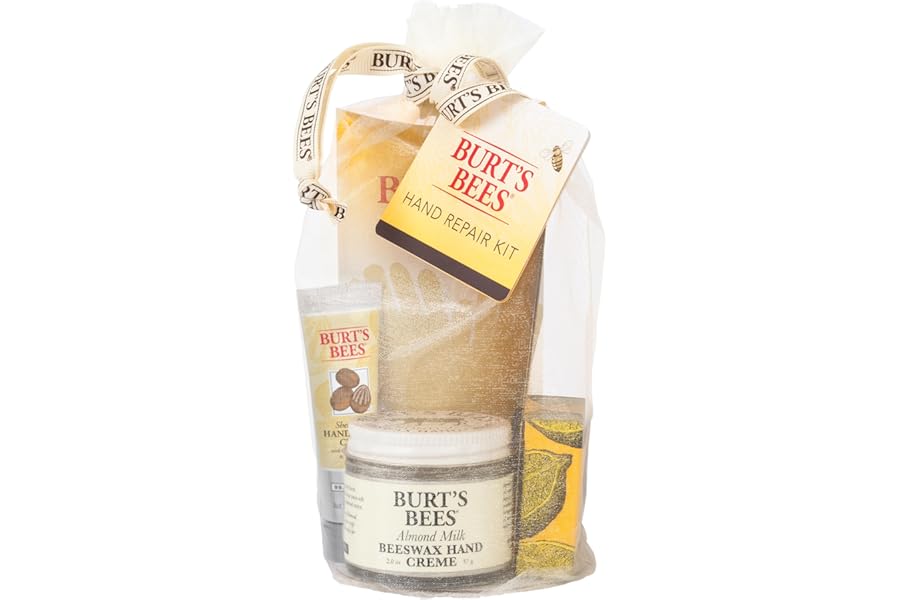 Burt’s Bees Christmas Gifts, 3 Body Skincare Stocking Stuffers, Hand Repair Set, 3 Hand Creams plus Gloves – Almond Milk Hand Cream, Lemon Butter Cuticle Cream, Shea Butter Hand Repair Cream