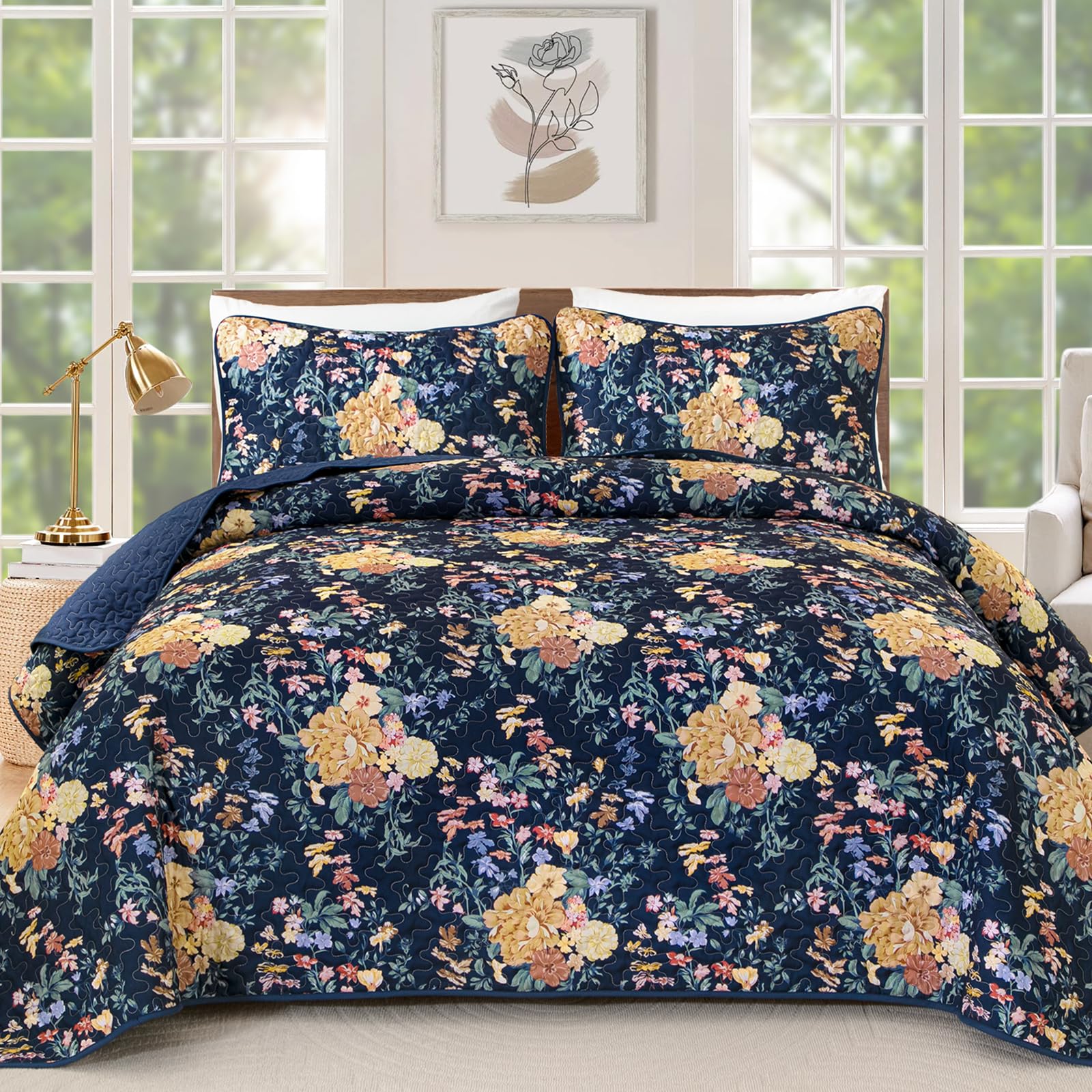 WONGS BEDDING Quilt King Size, Navy Blue Quilt Bedding Set with 2 Pillowcases, Botanical Quilt for King Bed, Soft Microfiber Lightweight Coverlet Bedspread for All Season (110"×90", 3 Pieces)