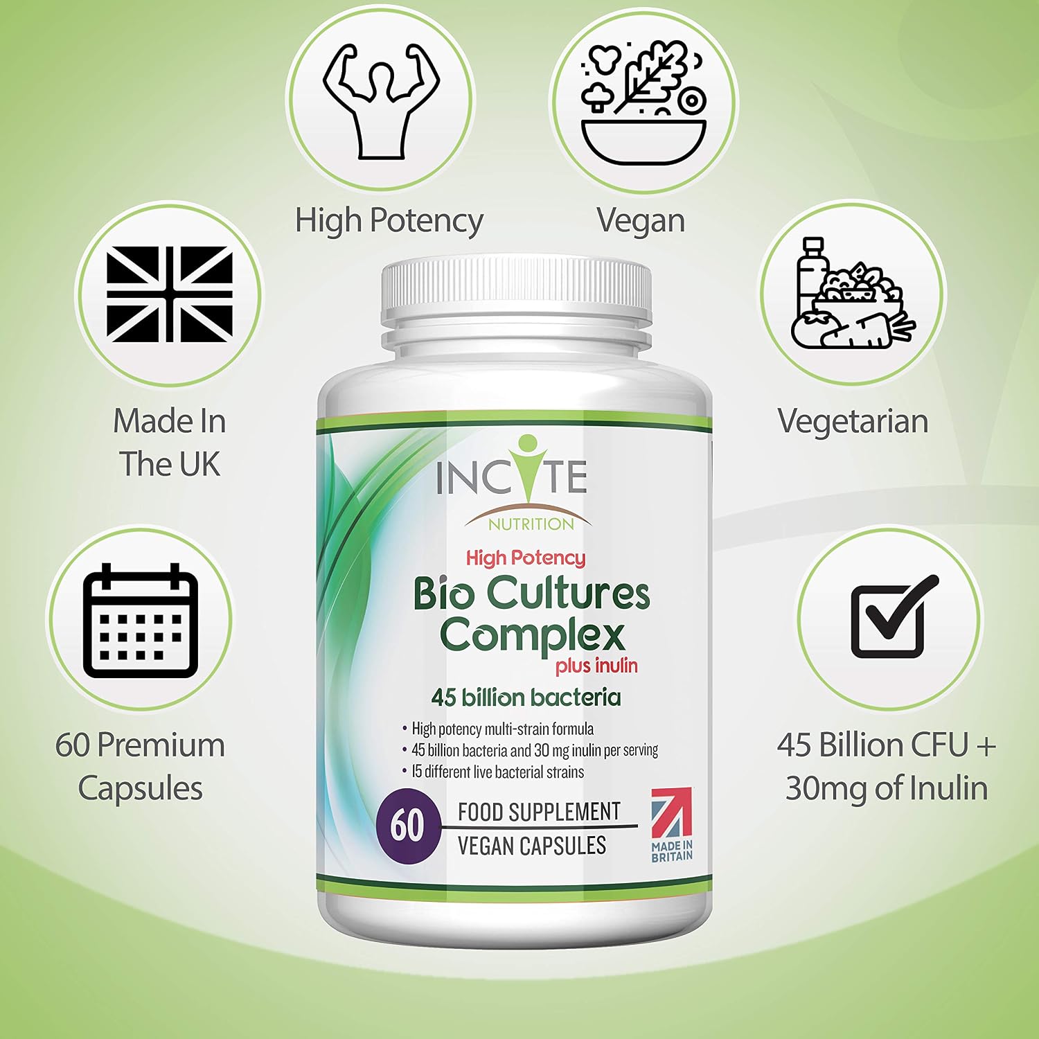 Incite Nutrition Bio Cultures Complex 45 Billion CFU. 1 Month Supply of Prebiotics and Probiotics. 15 Bacterial Strains + Inulin for Digestive Support and Gut Health. Suitable for Vegetarians & Vegans - Image 5
