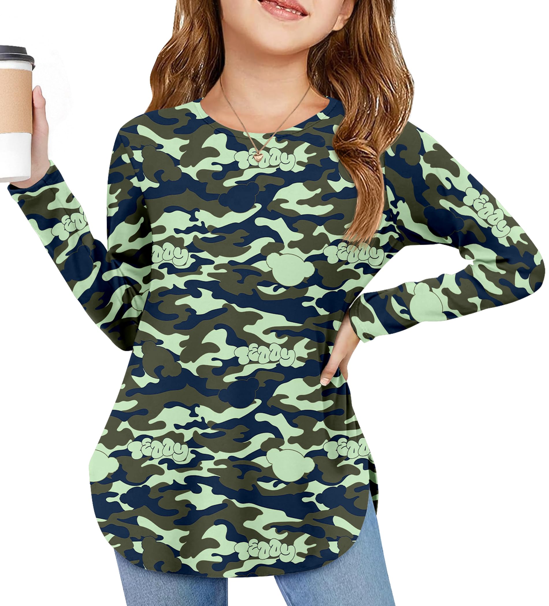 Photo 1 of Arshiner Girl Long Sleeve Shirts Curve Hem Side Slit Soft Loose Tunic Tops for Little Girls Crewneck Blouses for Kids Soft 5-6 Years