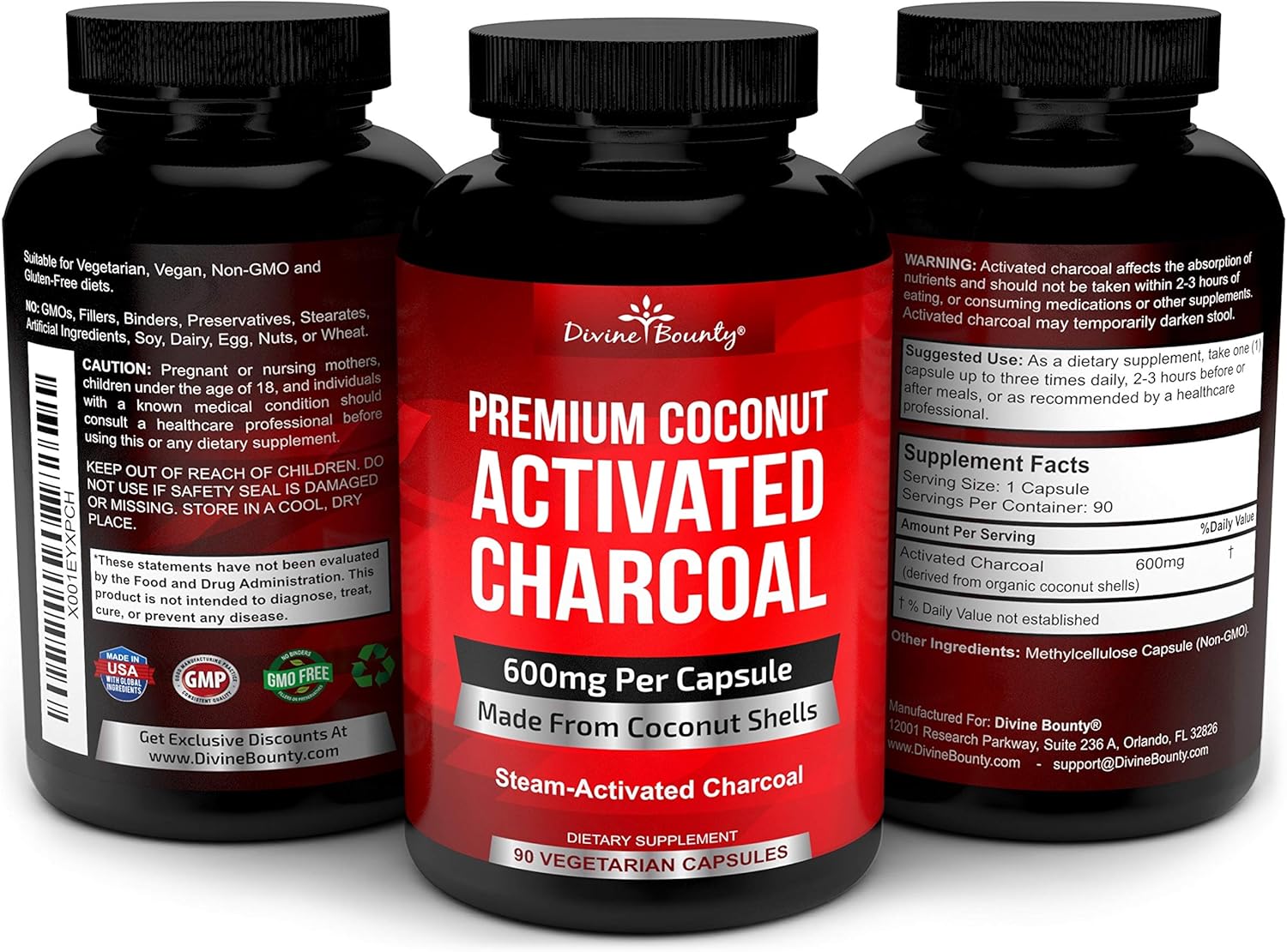 Organic Activated Charcoal Capsules - 600mg Coconut Charcoal Pills - 90 Veggie Caps: Health & Personal Care