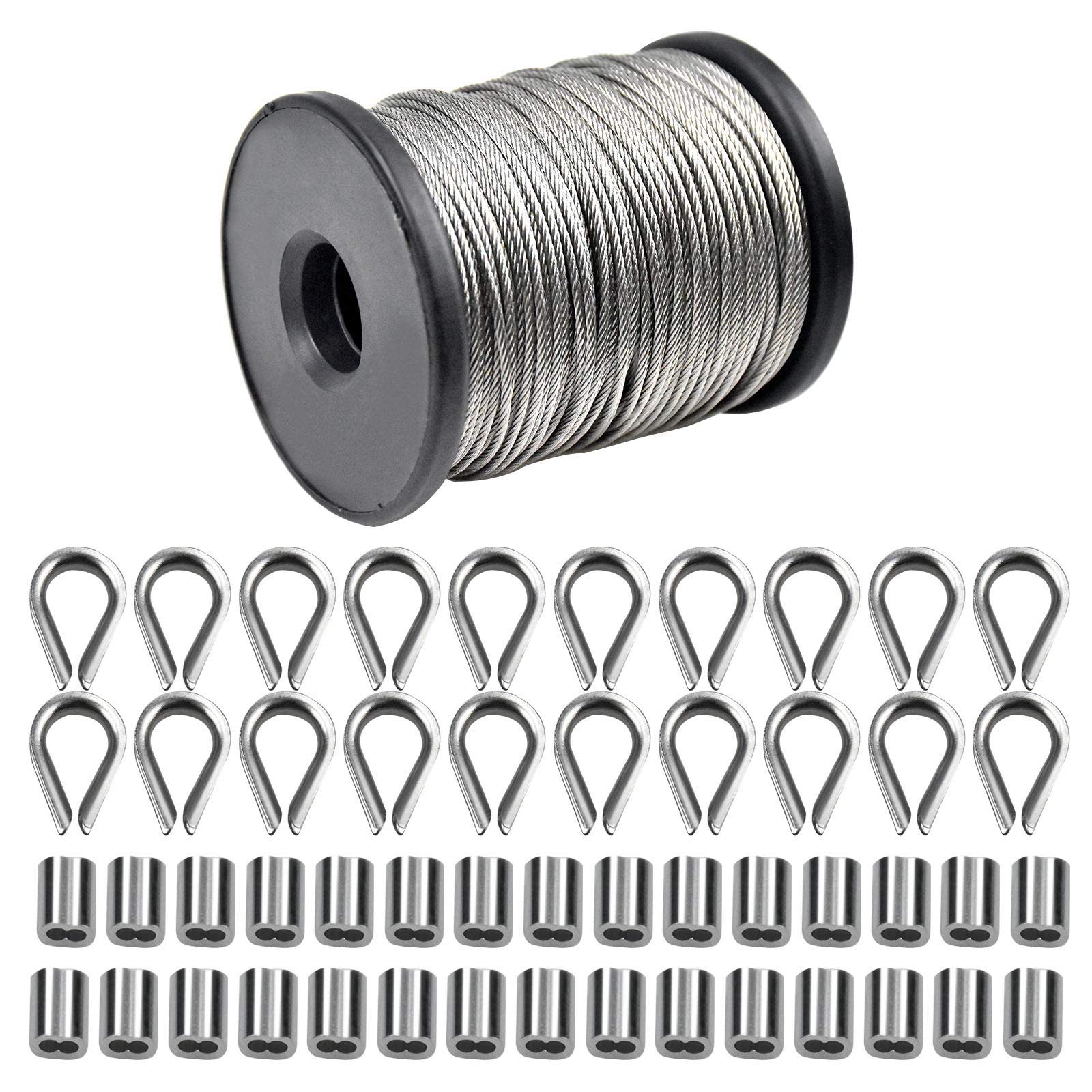 50m Wire Rope 1.5mm Stainless Steel Picture Hanging Cable, 30pcs Aluminum Crimping Sleeves 1.5mm, 20pcs M2 Thimbles, Cable Rope Kit for Frame Picture Photo Mirror Hanging and Railing Decking