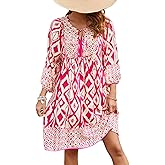 Qearal Women's Casual V Neck 3/4 Sleeve Boho Floral Printed Loose Short Flowy Summer Beach Vacation Dress