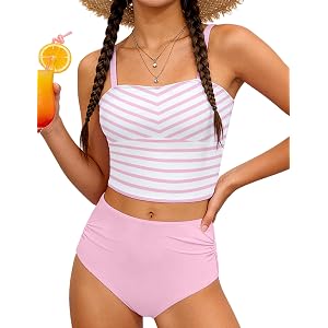 Boiltcat Girls Swimsuit Square Neck 2 Piece Stripe Tankini for Girls Bathing Suit Swimwear 9-16Y
