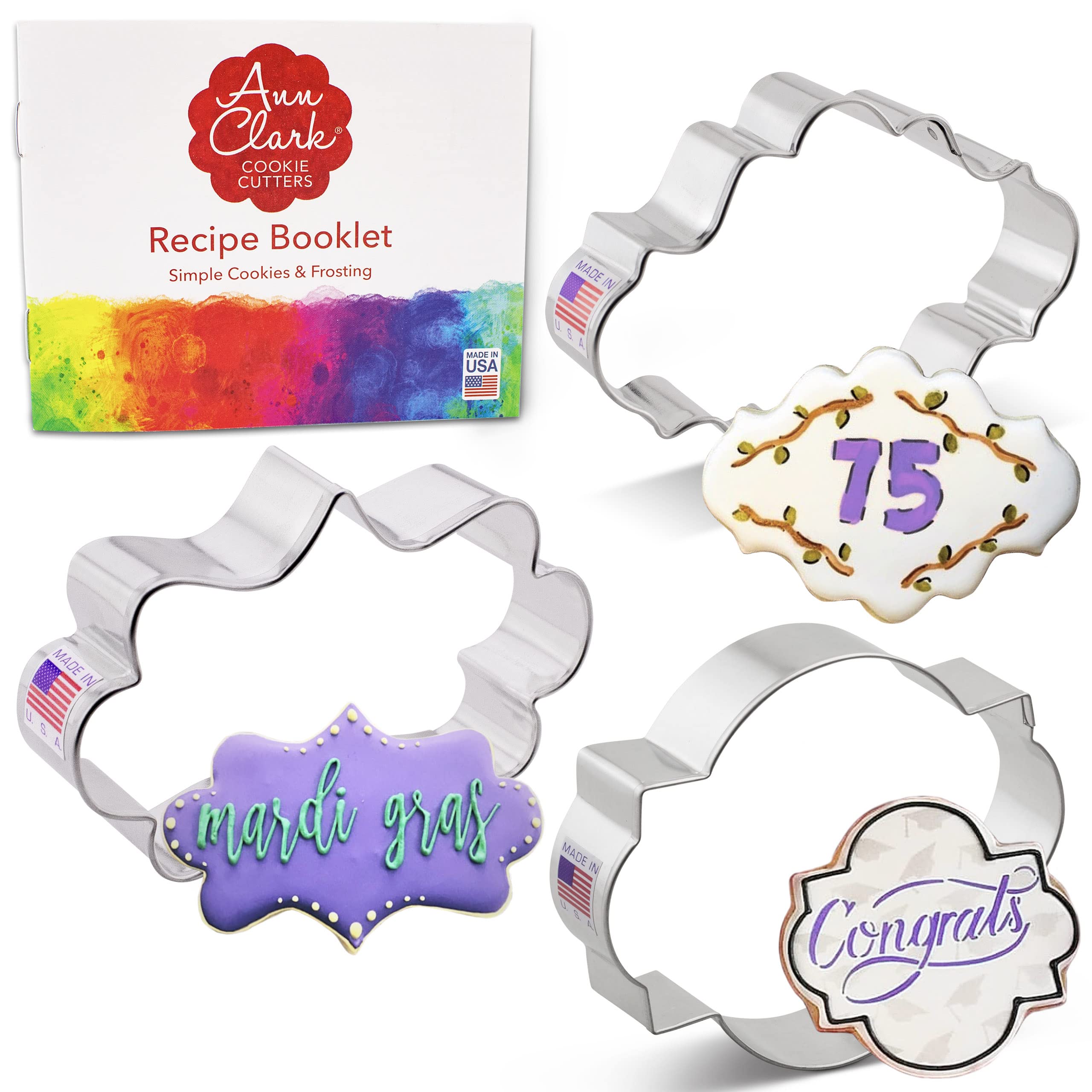 Plaque Cookie Cutters 3-Pc. Set Made in The USA by Ann Clark, Long Fancy, Oval, Photo Plaques