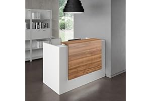 UGOS ICN 53 Inch Contemporary Reception Desk | Multifunctional Modern,Transaction Countertop, Laminate Desktop, Standing Front Table for Office, Home, School, Salon, Spa - White and Teak