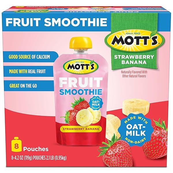 MOTT’S FRUIT SMOOTHIES STRAWBERRY BANANA, 4.2 OZ CLEAR POUCHES, 8 PACK, NON-DAIRY, MADE WITH OATMILK, MADE WITH REAL FRUIT, GOOD SOURCE OF CALCIUM, ON-THE-GO