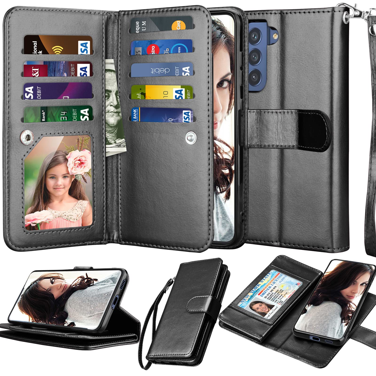 Photo 1 of Njjex Galaxy S21 FE 5G Case, for Samsung S21 Fan Edition/ S21 FE 5G Wallet Case, [9 Card Slots] PU Leather ID Credit Holder Folio Flip [Detachable] Kickstand Magnetic Phone Cover & Lanyard [Black]
