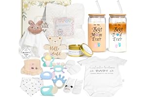 CLTTCLLCT New Mom Gifts for Women, 17pcs Gender Reveal Gifts for New Parent, Baby Shower Gifts for Expecting Mom to Be, Postpartum Essentials After Baby Basket, Baby Swaddle Blanket Rattle Gift Set