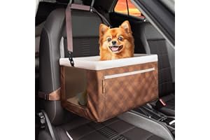 NOBLE DUCK Pet Reinforce Dog Car Seat, Upgraded Dog Booster Seat with Sturdy Metal Frame for Small Pets Under 20lb, Portable and Breathable Puppy Car Seat with Storage Pockets and Safety Leash (Brown