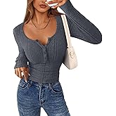 PRETTYGARDEN Women's Long Sleeve Tops 2026 Spring Fashion Clothes Henley Shirts Slim Fitted Ribbed Tees Blouses Fall Outfits