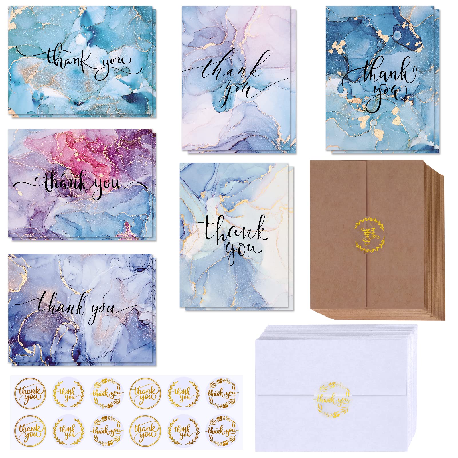 Photo 1 of Winlyn 150 Sets Bulk Blank Thank You Cards with Envelopes Stickers Assortment 6 Designs of Watercolor Marbling Thank You Greeting Cards Note Cards for Wedding Baby Bridal Shower Birthday All Occasions