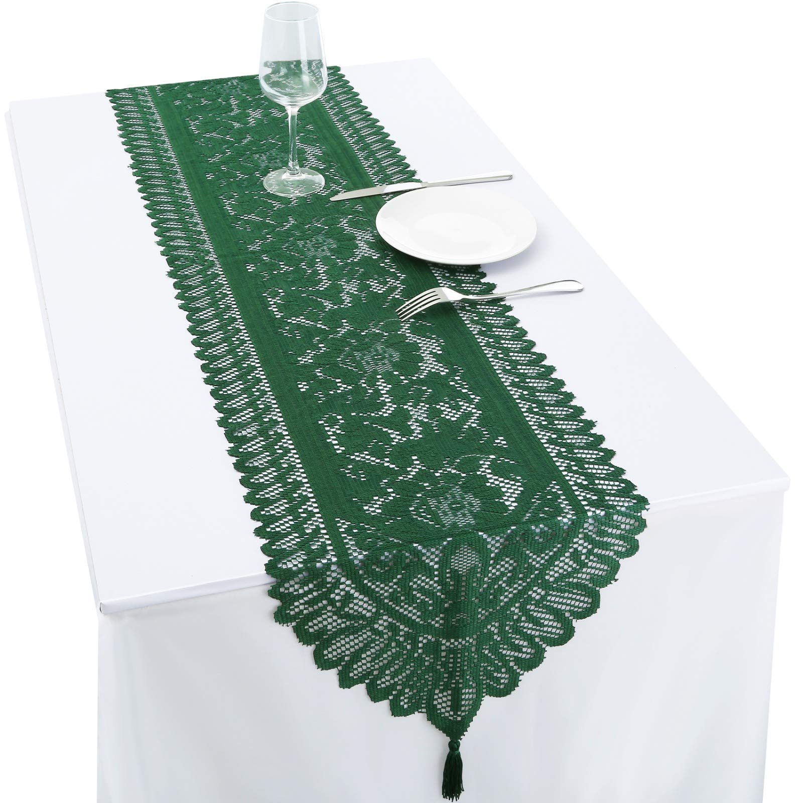 mookaitedecor 13x70 Inch Green Lace Table Runner for Wedding Festival Party Christmas Table Centrepiece Living Room Home Desk Decor, Vintage Elegant Floral Dinner Table Runner with Tassels