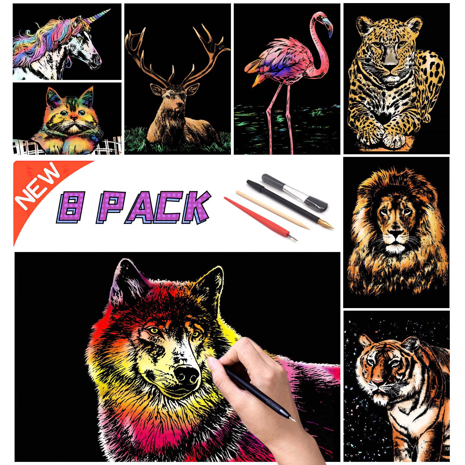 DESINIK Scratch Painting Art for Adults -Scratch Painting Foil Art for Adults, Scratchboard Set(A4) with 4 Tools & 8 Sheets, Animal Series Creative Set (Lion and Bird)