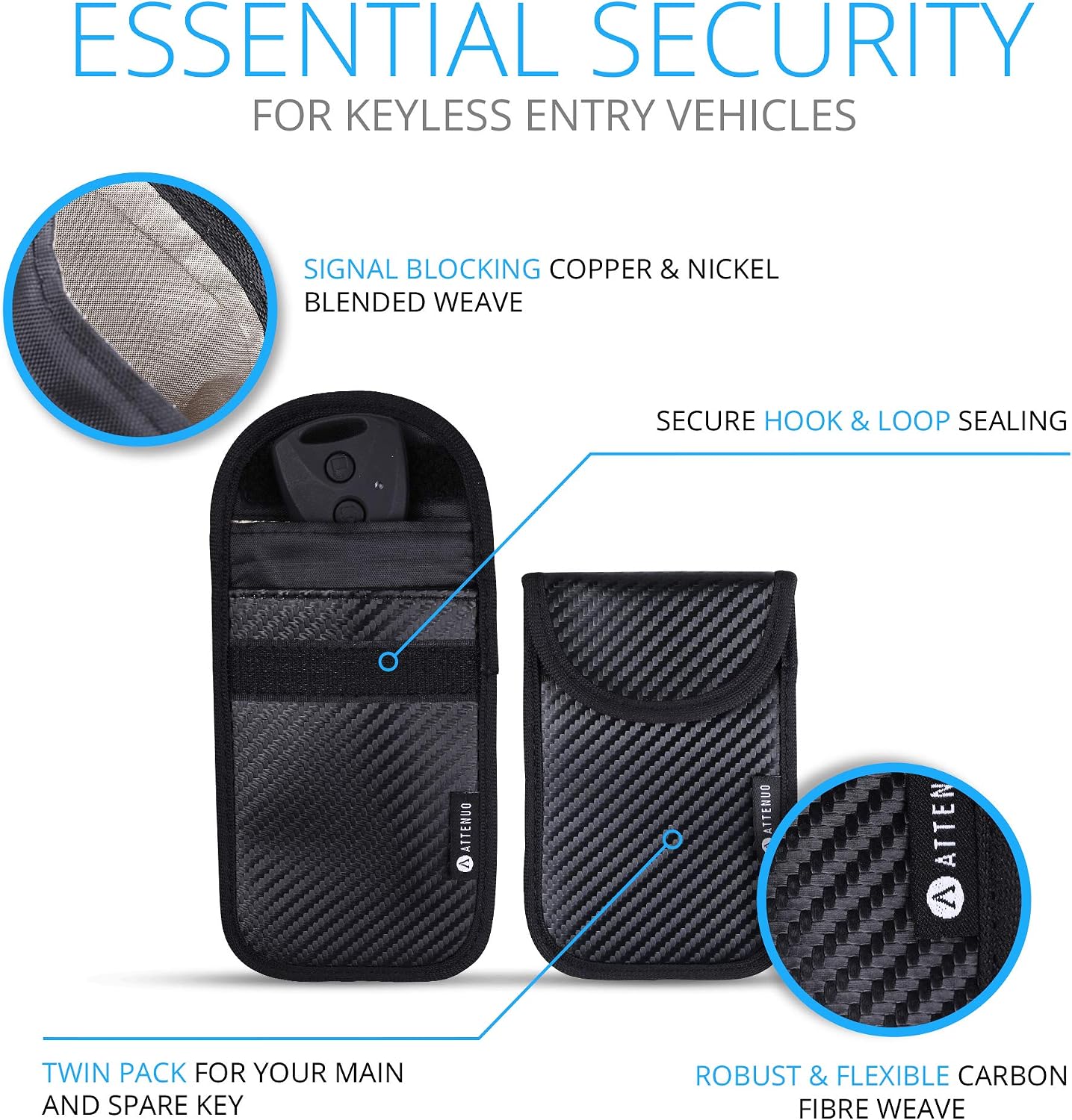 Attenuo 2x Car key signal blocker Faraday bags for keyless entry ...