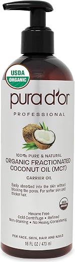 PURA D’OR プラドール（473ml（16液量オンス））分留ココナッツオイル USDAオーガニック認証 100%ピュア&ナチュラル 保湿キャリアオイル、顔、お肌、髪用 473 ml（16 液量オンス） ココナッツオイル
