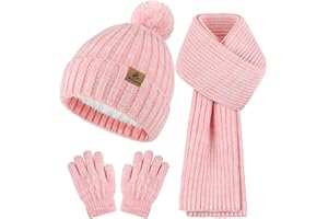 Wenouy Kids Winter Hat Scarf Gloves Set, Toddler Fleece Lined Gloves Warm Knitted Scarf Winter Beanie with Pom for Boys Girls