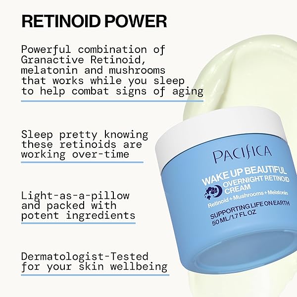 PACIFICA WAKE UP BEAUTIFUL RETINOID NIGHT CREAM – OVERNIGHT ANTI-AGING MOISTURIZER WITH HYALURONIC ACID & MELATONIN, REDUCES WRINKLES & FINE LINES, HYDRATING AND GENTLE FOR DRY OR MATURE SKIN, VEGAN