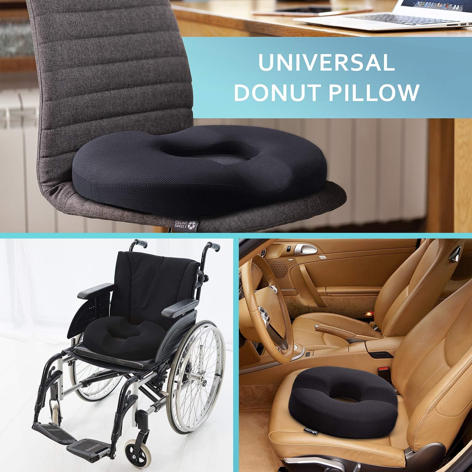 5 STARS UNITED Donut Pillow Hemorrhoid Tailbone Cushion – 100% Memory Foam – Coccyx, Prostate, Sciatica, Bed Sores, Post-Surgery Pain Relief – Orthopedic Firm Seat Pad for Home, Office, Car: Kitchen & Dining