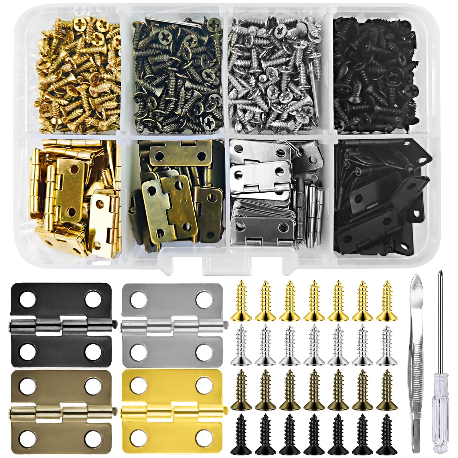 120pcs Small Cabinet Hinges with Rounded Corners, 16 * 13 mm Small Hinges for Wood with 480 Screws and 1 Screwdrivers, 4 Colors Mini Hinge with Organiser, for Jewelry Box, DIY Crafts Box