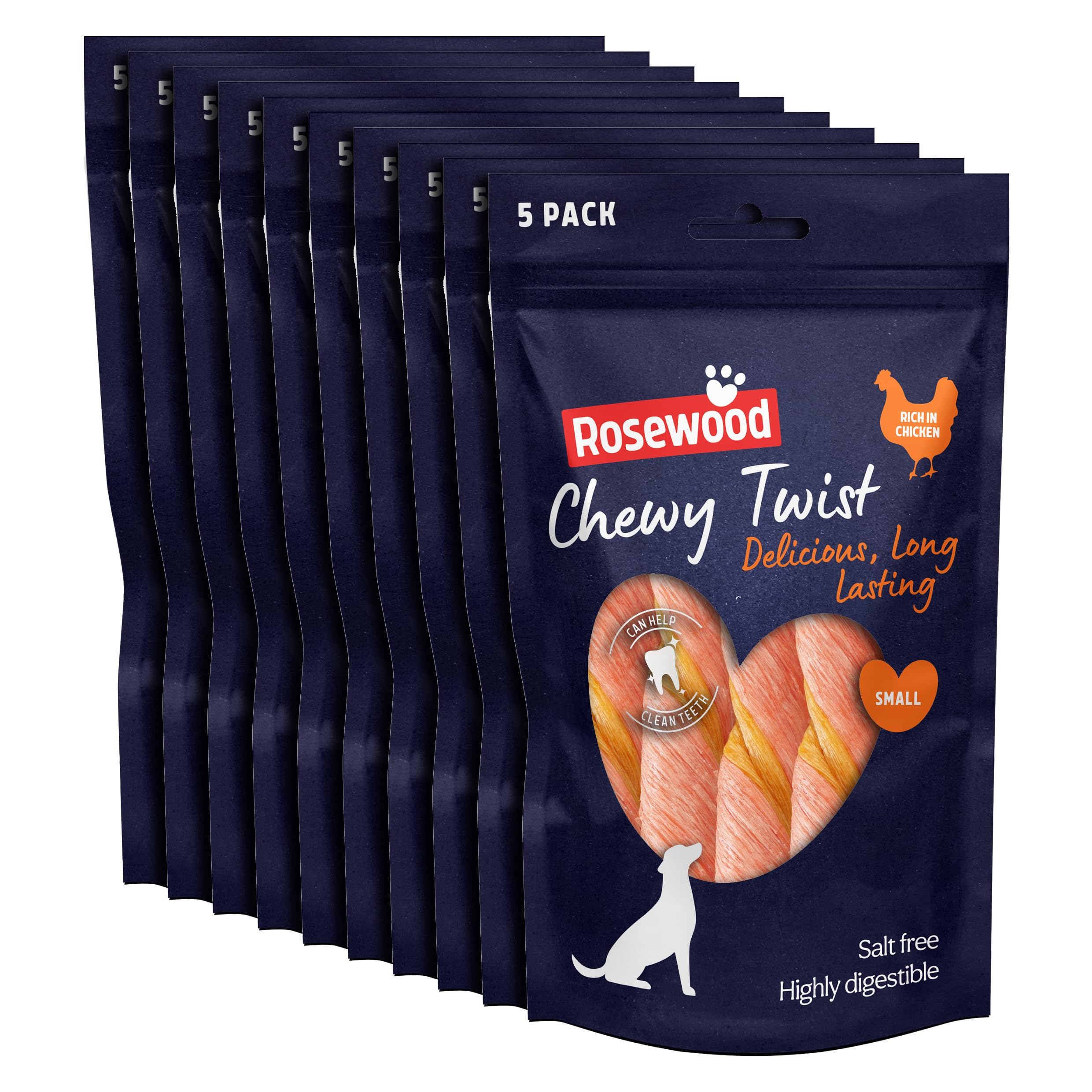 Rosewood Chewy Twist Treats for Dogs - Rich in Chicken, Small Dog Treats, Delicious, Long-Lasting Chews, Helps Clean Teeth, Salt Free, Highly Digestible, 5pc (Case of 10 x 115g)