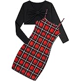 Kimoda Girls 2 Piece Outfits Adjustable Shoulder Strap Cami Dress with Long Sleeve Cardigan Set for 5-14 Years