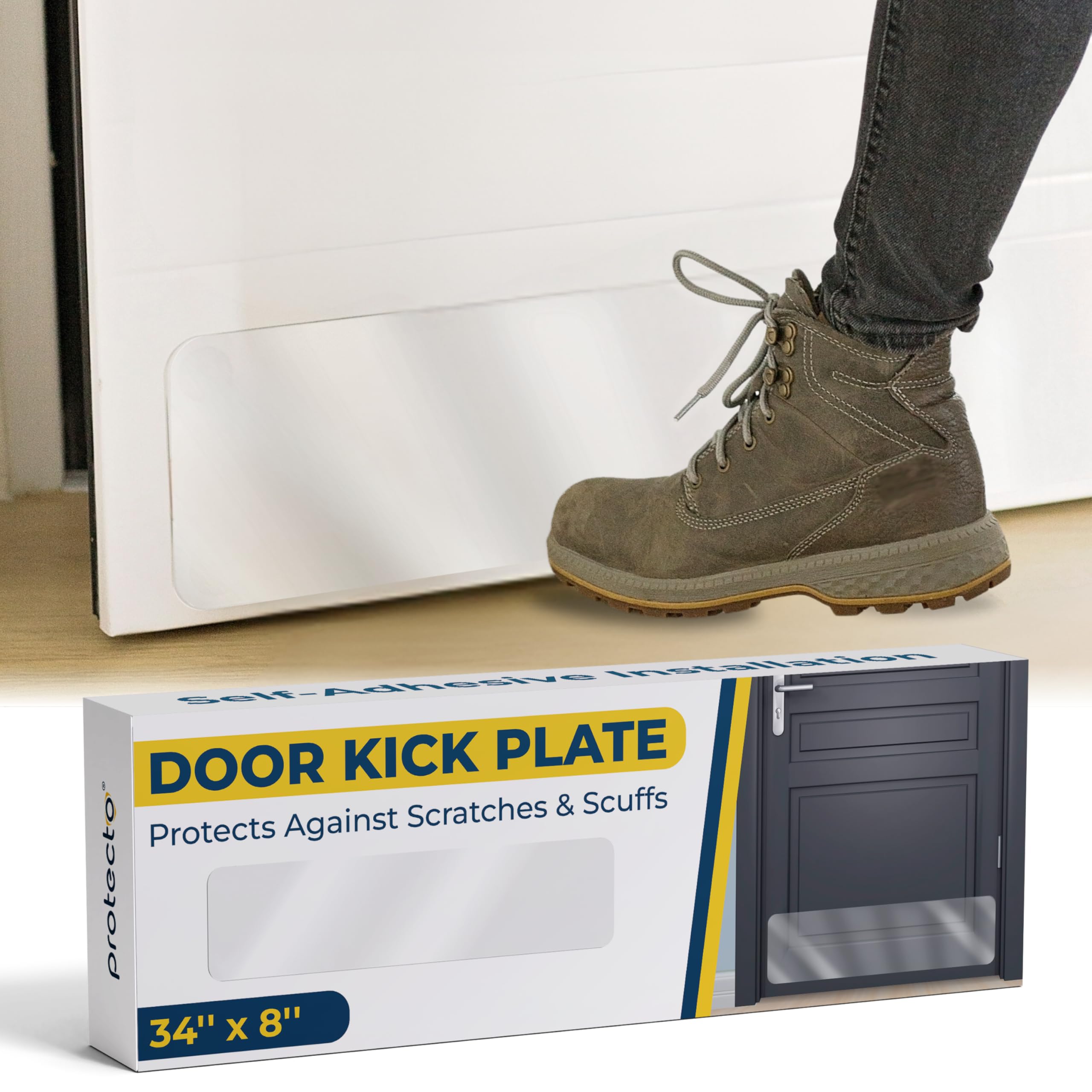 Photo 1 of PROTECTO Door Kick Plate - 34x8” Transparent Self-Adhesive Kickplates for Interior & Exterior Doors | Front or Back Door Scratch Protection Plate for Walls and Doors | Push Plate for Bottom of Door
