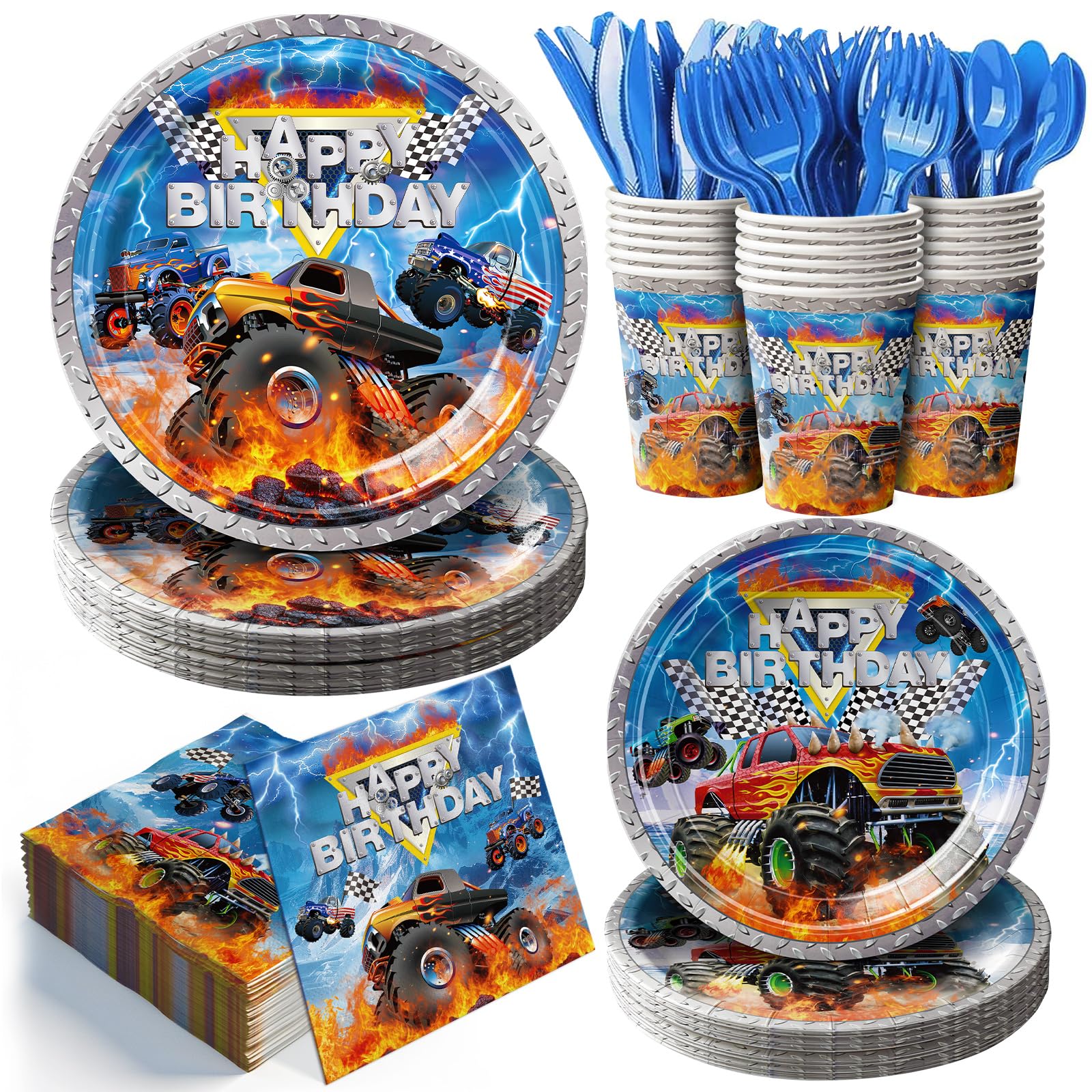 Photo 1 of 168pcs Monster Truck Party Decorations Plates Napkins Disposable Paper Cups Monster Car Tableware Set Birthday Party Supplies for Kids Boys 1st 2nd 3rd Birthday Decor Serves 24 Guests