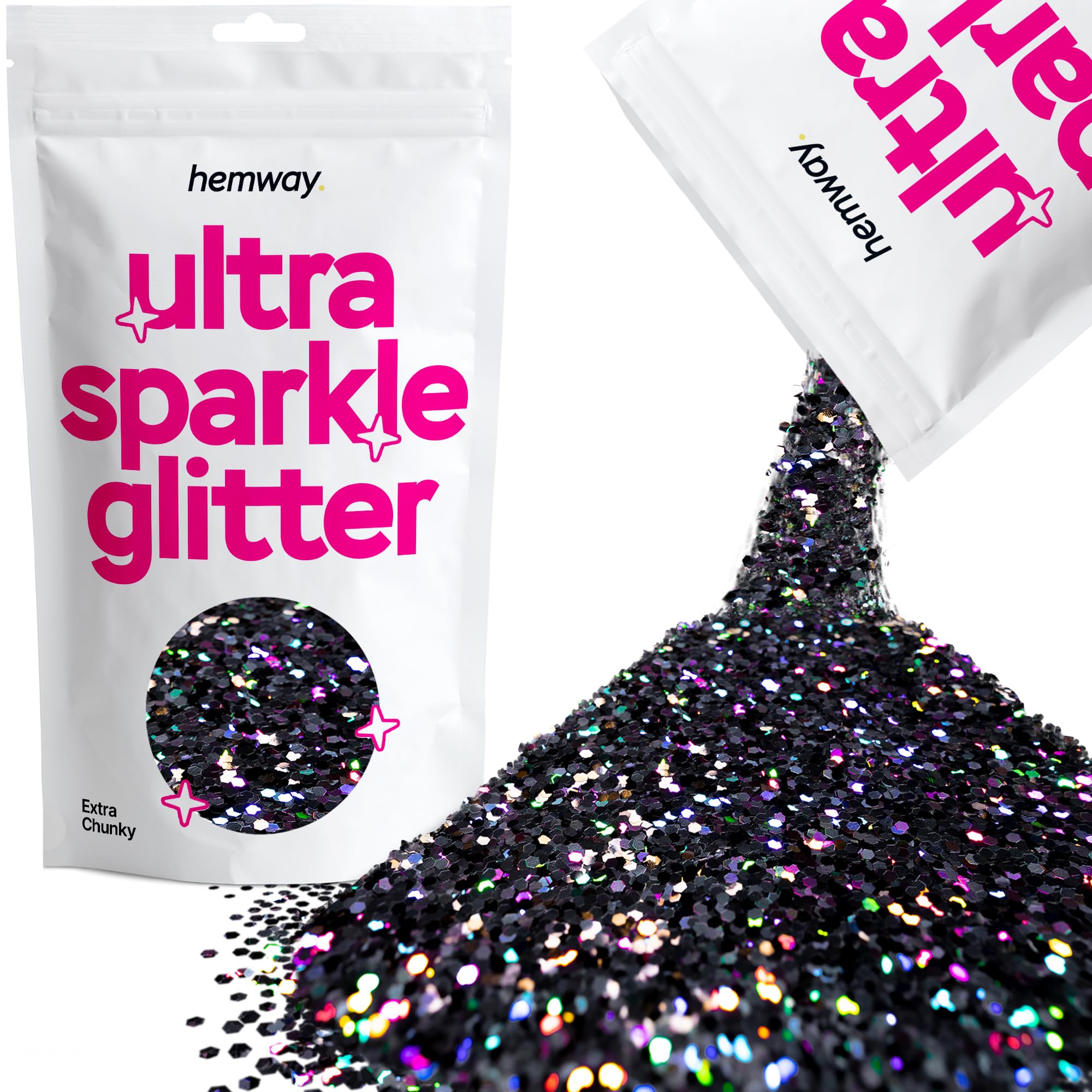 Hemway Ultra Sparkle Glitter Black Holographic 100g Extra Chunky | Glitter for Arts & Craft, Makeup, Nail Art, Crafting, Card Making, Sparkle Decoration