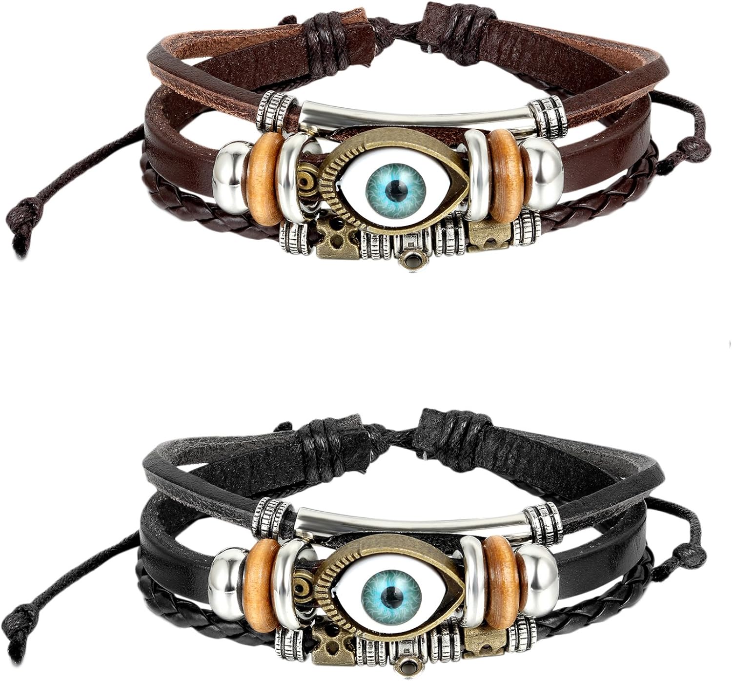 Oidea 2pcs Mes Womens Good Luck Blue Evil Eye Cuff Bangle Bracelet,Black,Brown,Size Adjustable 8.1 to 9Inch