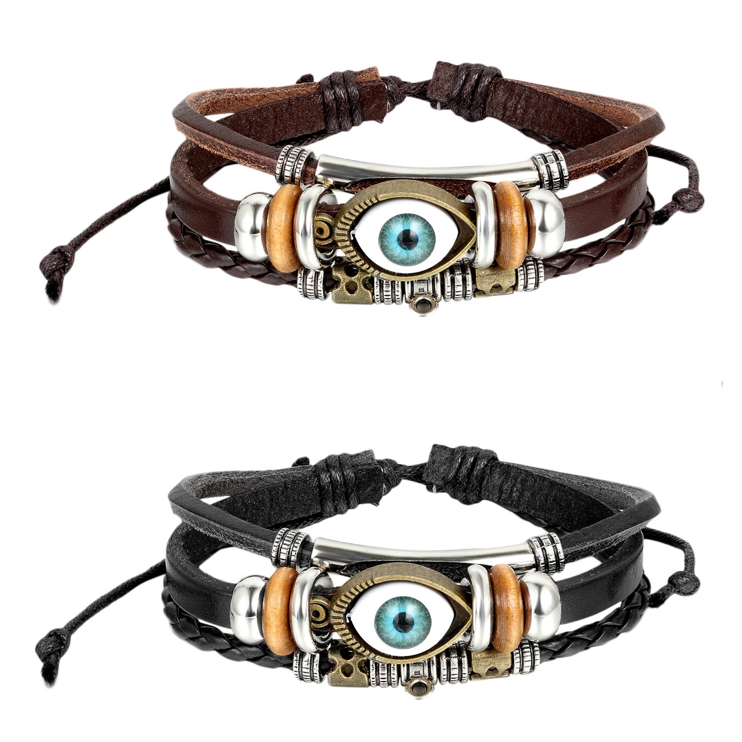 Oidea 2pcs Mes Womens Good Luck Blue Evil Eye Cuff Bangle Bracelet,Black,Brown,Size Adjustable 8.1 to 9Inch