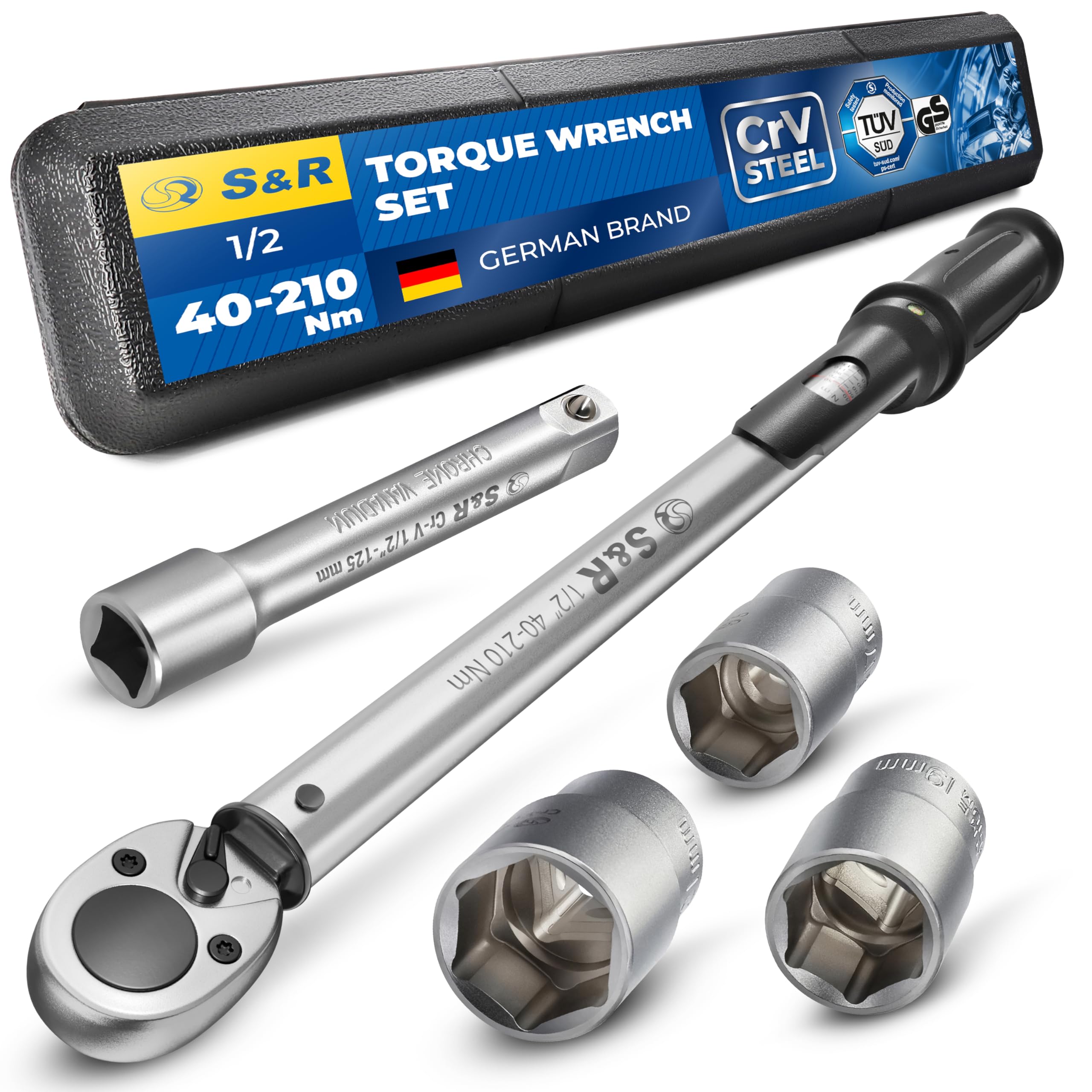 S&R Torque Wrench 1/2", 40–210 Nm – 560mm Length, Calibrated to ±4% Accuracy – Certified DIN 6789, with 3 CRV Sockets & Extension – Automotive & Workshop Use