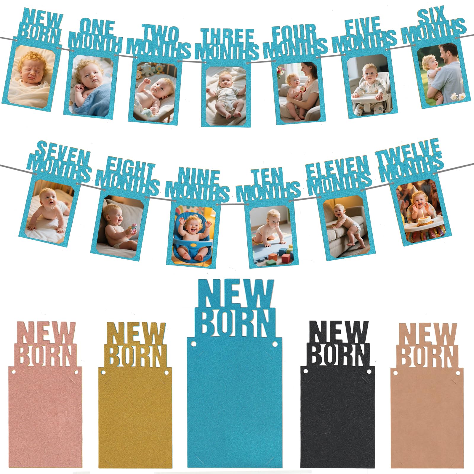 Photo 1 of 1St Birthday Photo Banner for Baby from Newborn to 12 Months,First Birthday Decorations Boy or Girl Monthly Milestones Garland,4X6,5X7 Photo Banner Pre-Strung with Frame,Blue Paper photo frame