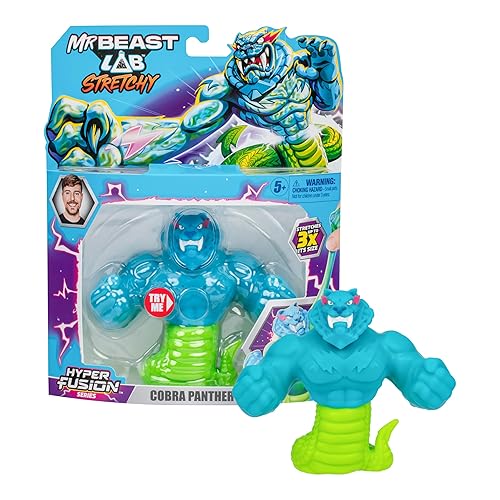 MRBEAST LAB - Hyper Fusion Stretchy Hero, Cobra Panther, 5 Inch (12.7CM) Goo Filled Standing Figure, Stretches Up to 3 Times His Size, Collect All 3 - Cobra Panther, Tiger Dragon and Sabertooth Squid