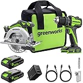 GREENWORKS 24V 1/2” Brushless Cordless Drill (400 In-lbs.) + 6.5” Circular Saw (4,800 RPM), (2) 2.0Ah (12,000mAh Power Bank) 