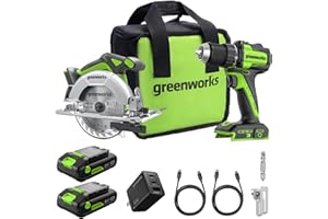 GREENWORKS 24V 1/2” Brushless Cordless Drill (400 In-lbs.) + 6.5” Circular Saw (4,800 RPM), (2) 2.0Ah (12,000mAh Power Bank) USB-C Batteries, Braided Cable, 65W Rapid Charger
