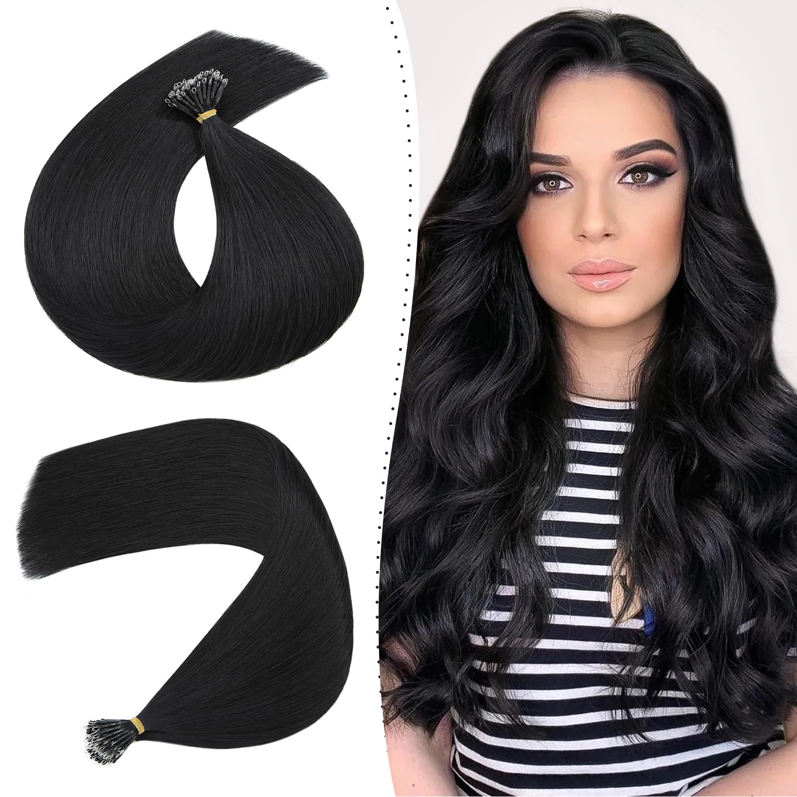 Silk-co 20inch Nano Ring Hair Extensions 7A Grade 100% Real Remy Human Hair Extensions [50 Strands 1g/s #01 Jet Black] With Nano Beads Cold Fusion 50 Strands