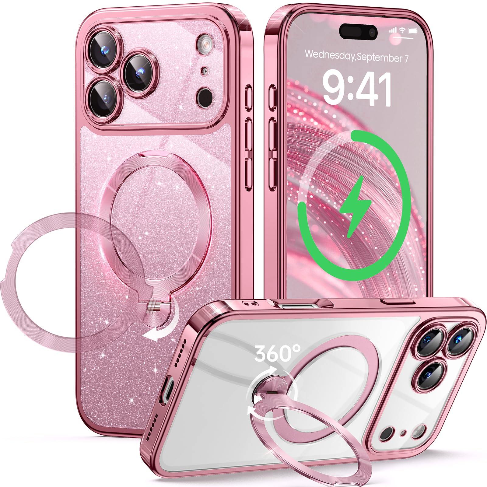 Photo 1 of 360° Spin CD Stand for iPhone 17 Pro Case Compatible with Magsafe Ring [Never Yellow][DIY Glitter Cardstock] Camera Protection Plating Clear Cute Phone Case for Women Girls 6.3'', Pink