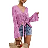 Saodimallsu Womens Boho Off Shoulder Sheer Crop Tops Crochet Flowy Sweaters | Boho Tops, Off Shoulder, Sheer Crop Tops, Bell Sleeve, Flowy Tops, Oversized, Crochet Sweaters, Ruched Pullover