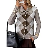 SOLY HUX Women's Plaid Argyle Cardigan Sweater Button Down Collared Long Sleeve Knit Cardigans Outerwear